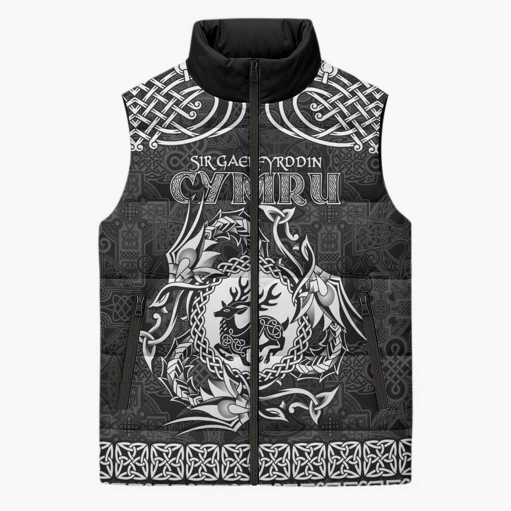 Personalized Carmarthenshire Sir Gaerfyrddin Sleeveless Puffer Jacket Black Deer Stag Celtic-inspired - Wonder Print Shop