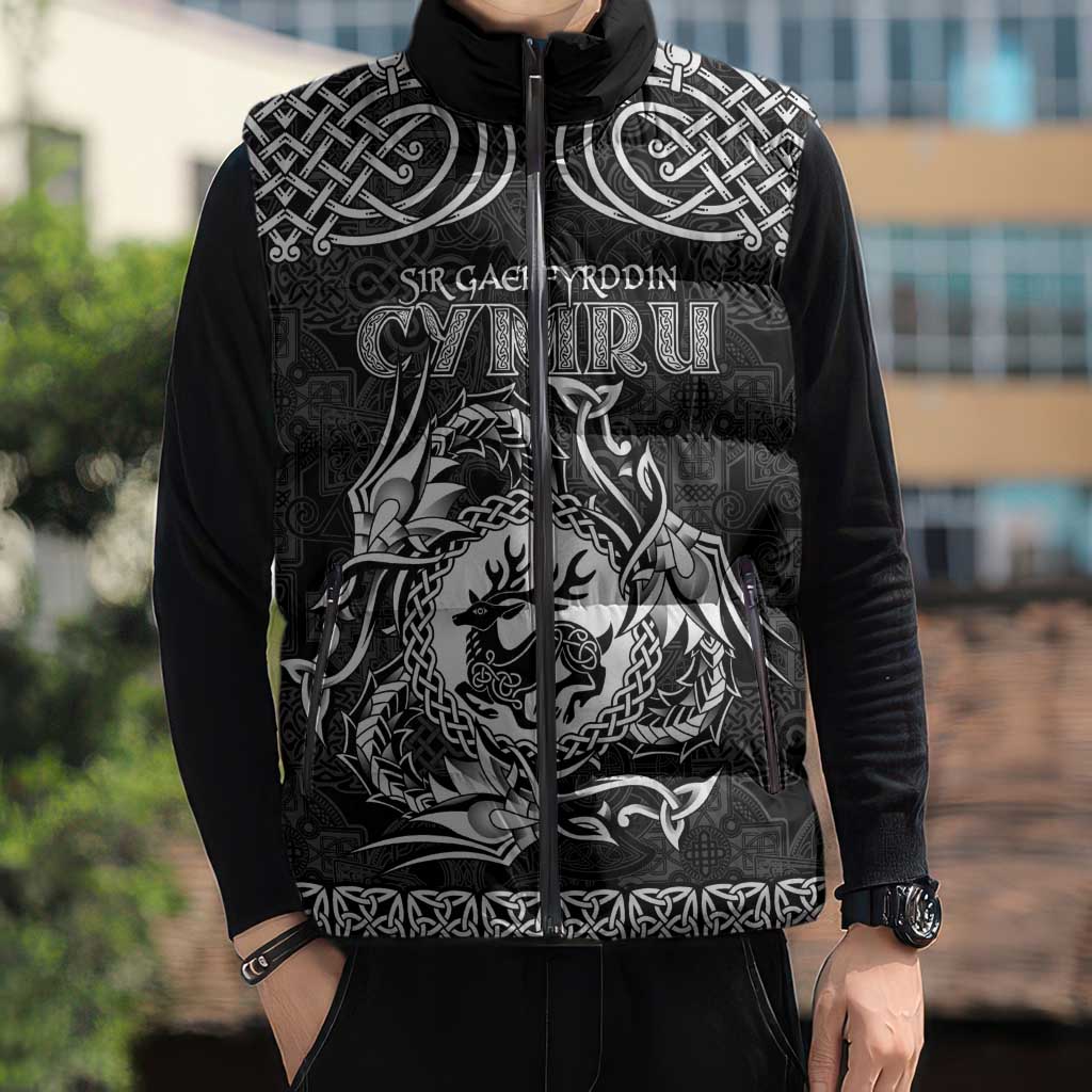 Personalized Carmarthenshire Sir Gaerfyrddin Sleeveless Puffer Jacket Black Deer Stag Celtic-inspired - Wonder Print Shop