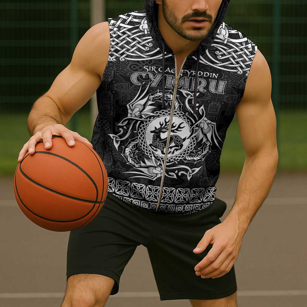 Personalized Carmarthenshire Sir Gaerfyrddin Sleeveless Zip Hoodie Black Deer Stag Celtic-inspired - Wonder Print Shop