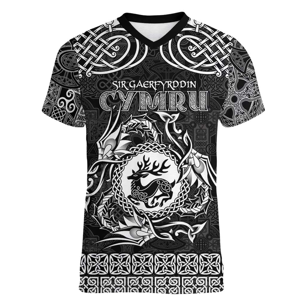 Personalized Carmarthenshire Sir Gaerfyrddin Women V-Neck T-Shirt Black Deer Stag Celtic-inspired - Wonder Print Shop