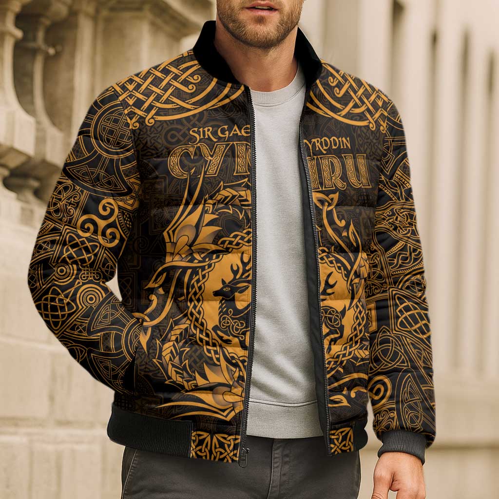 Personalized Carmarthenshire Sir Gaerfyrddin Bomber Puffer Jacket Gold Deer Stag Celtic-inspired - Wonder Print Shop