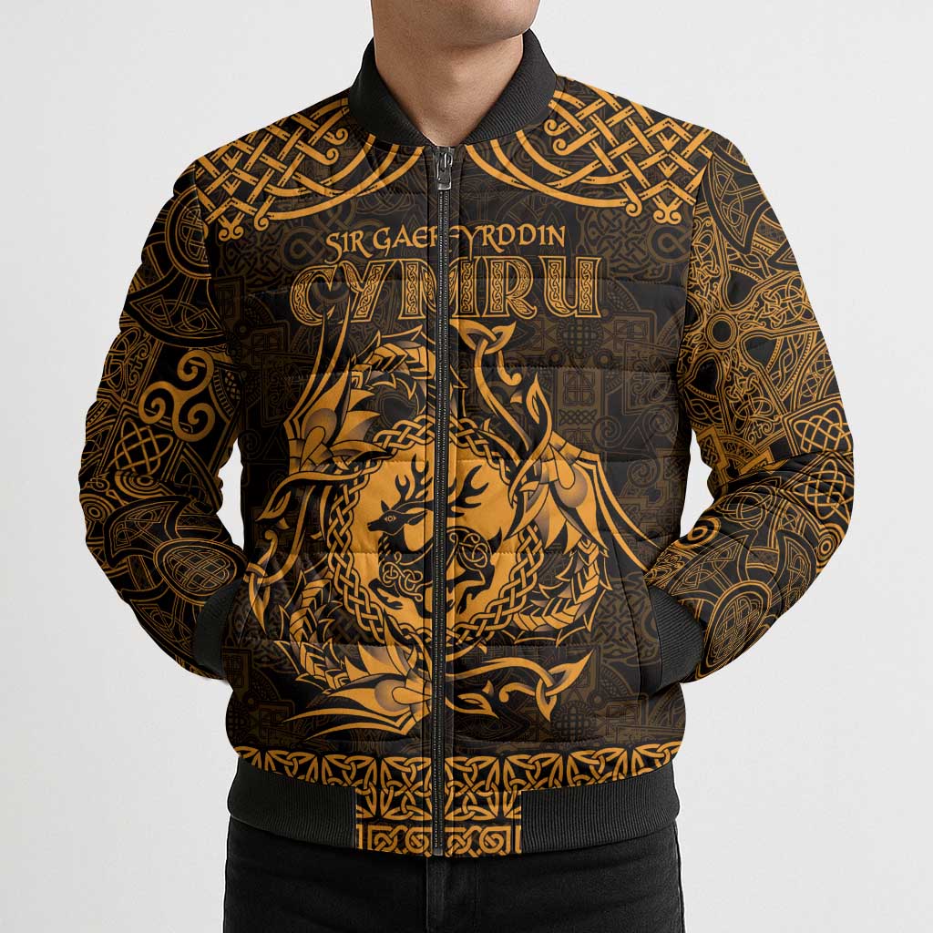 Personalized Carmarthenshire Sir Gaerfyrddin Bomber Puffer Jacket Gold Deer Stag Celtic-inspired - Wonder Print Shop