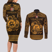 Personalized Carmarthenshire Sir Gaerfyrddin Couples Matching Long Sleeve Bodycon Dress and Long Sleeve Button Shirt Gold Deer Stag Celtic-inspired - Wonder Print Shop