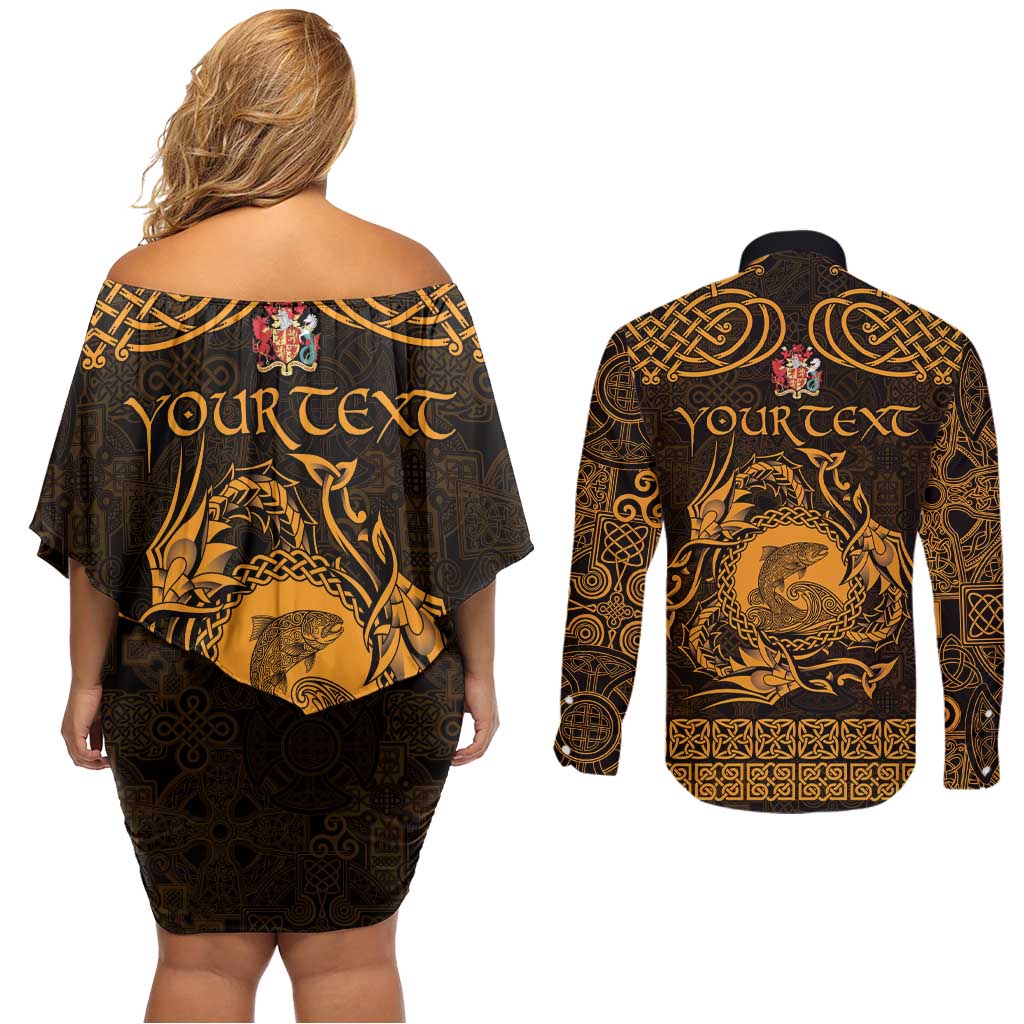 Personalized Carmarthenshire Sir Gaerfyrddin Couples Matching Off Shoulder Short Dress and Long Sleeve Button Shirt Gold Deer Stag Celtic-inspired - Wonder Print Shop