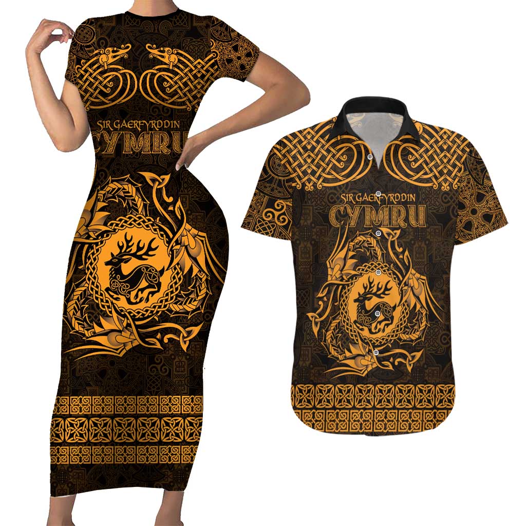 Personalized Carmarthenshire Sir Gaerfyrddin Couples Matching Short Sleeve Bodycon Dress and Hawaiian Shirt Gold Deer Stag Celtic-inspired - Wonder Print Shop