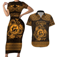 Personalized Carmarthenshire Sir Gaerfyrddin Couples Matching Short Sleeve Bodycon Dress and Hawaiian Shirt Gold Deer Stag Celtic-inspired - Wonder Print Shop