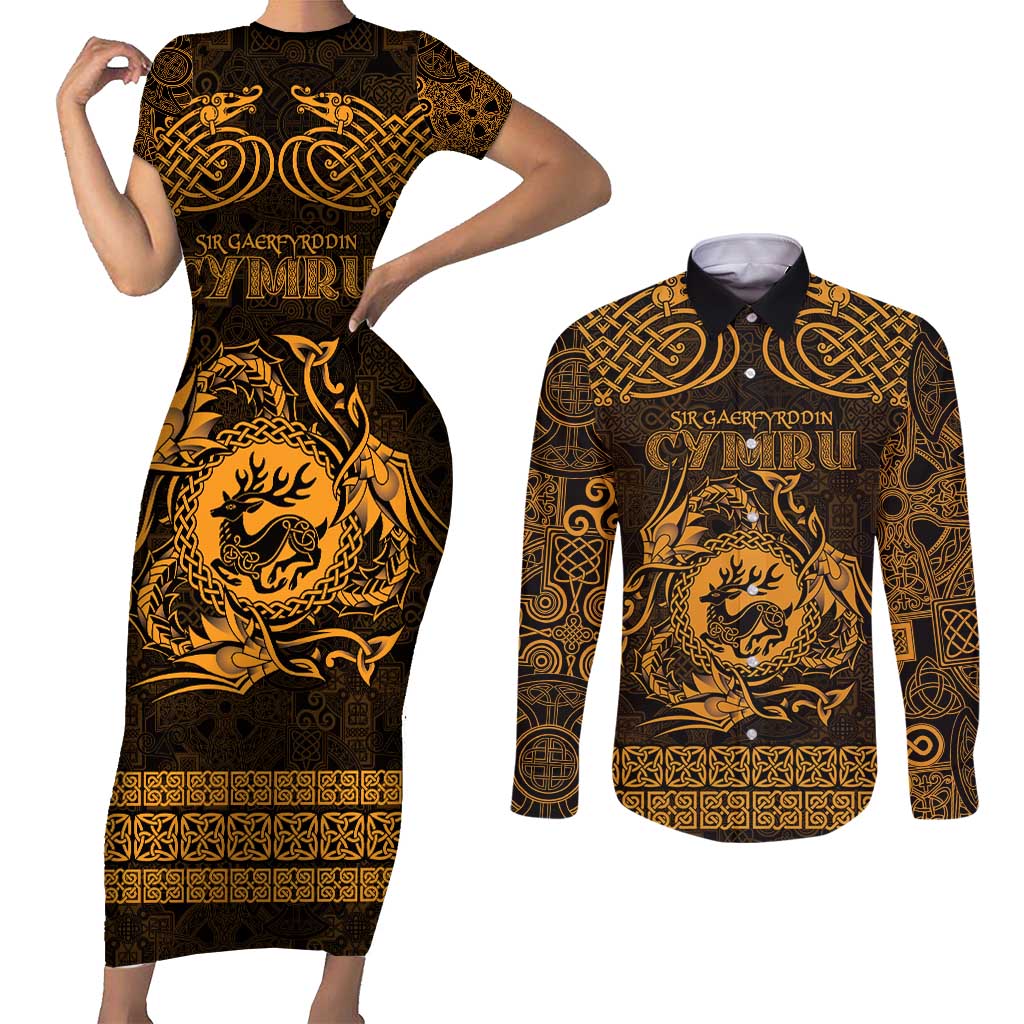 Personalized Carmarthenshire Sir Gaerfyrddin Couples Matching Short Sleeve Bodycon Dress and Long Sleeve Button Shirt Gold Deer Stag Celtic-inspired - Wonder Print Shop