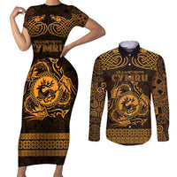 Personalized Carmarthenshire Sir Gaerfyrddin Couples Matching Short Sleeve Bodycon Dress and Long Sleeve Button Shirt Gold Deer Stag Celtic-inspired - Wonder Print Shop