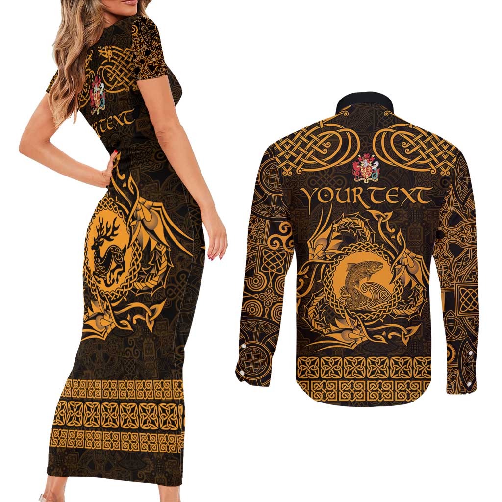 Personalized Carmarthenshire Sir Gaerfyrddin Couples Matching Short Sleeve Bodycon Dress and Long Sleeve Button Shirt Gold Deer Stag Celtic-inspired - Wonder Print Shop