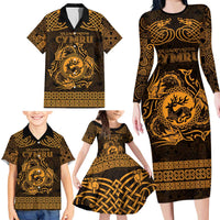 Personalized Carmarthenshire Sir Gaerfyrddin Family Matching Long Sleeve Bodycon Dress and Hawaiian Shirt Gold Deer Stag Celtic-inspired - Wonder Print Shop