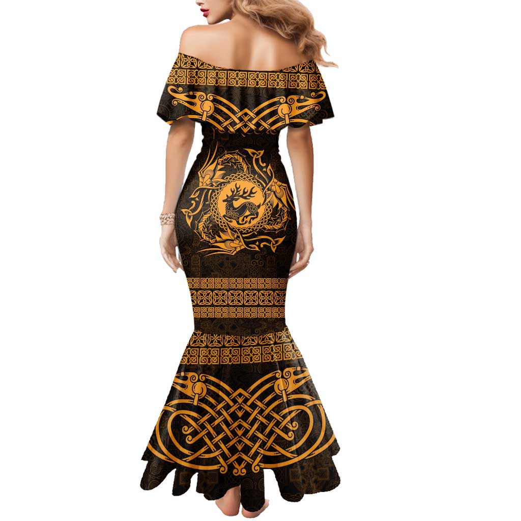 Personalized Carmarthenshire Sir Gaerfyrddin Family Matching Mermaid Dress and Hawaiian Shirt Gold Deer Stag Celtic-inspired - Wonder Print Shop