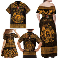 Personalized Carmarthenshire Sir Gaerfyrddin Family Matching Off Shoulder Maxi Dress and Hawaiian Shirt Gold Deer Stag Celtic-inspired - Wonder Print Shop