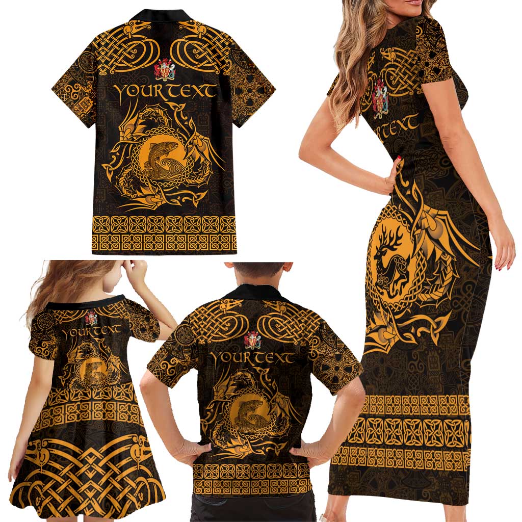 Personalized Carmarthenshire Sir Gaerfyrddin Family Matching Short Sleeve Bodycon Dress and Hawaiian Shirt Gold Deer Stag Celtic-inspired - Wonder Print Shop
