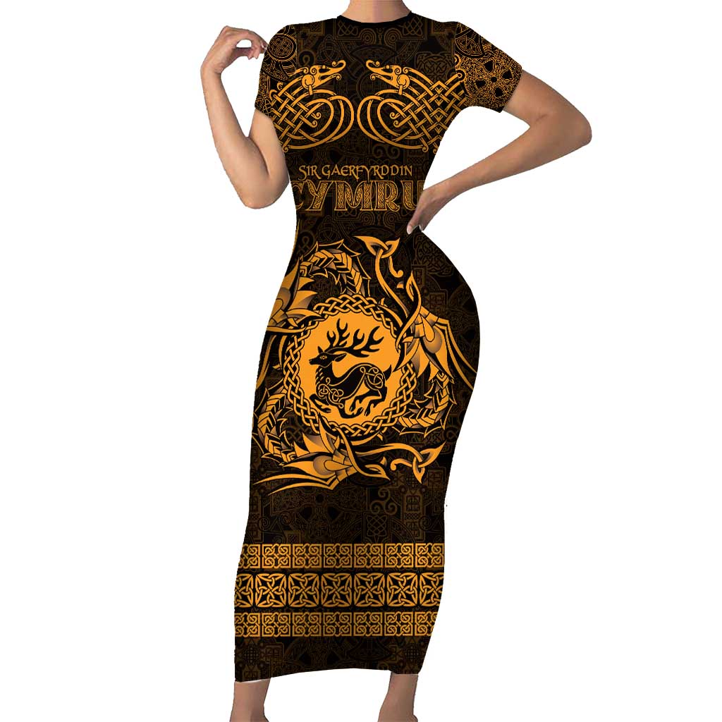Personalized Carmarthenshire Sir Gaerfyrddin Family Matching Short Sleeve Bodycon Dress and Hawaiian Shirt Gold Deer Stag Celtic-inspired - Wonder Print Shop