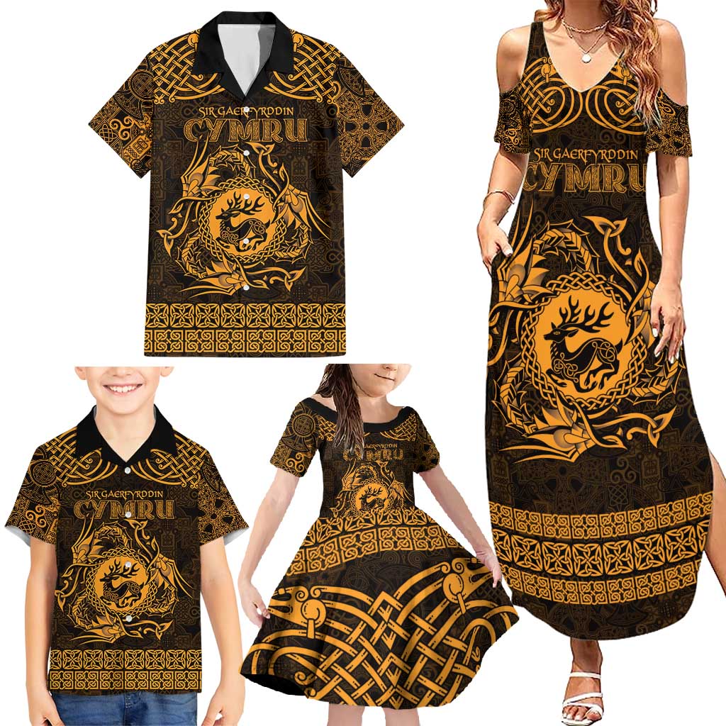 Personalized Carmarthenshire Sir Gaerfyrddin Family Matching Summer Maxi Dress and Hawaiian Shirt Gold Deer Stag Celtic-inspired - Wonder Print Shop