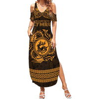 Personalized Carmarthenshire Sir Gaerfyrddin Family Matching Summer Maxi Dress and Hawaiian Shirt Gold Deer Stag Celtic-inspired - Wonder Print Shop