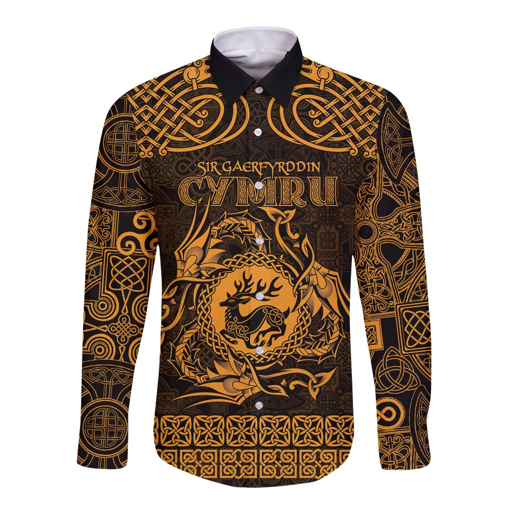 Personalized Carmarthenshire Sir Gaerfyrddin Long Sleeve Button Shirt Gold Deer Stag Celtic-inspired - Wonder Print Shop