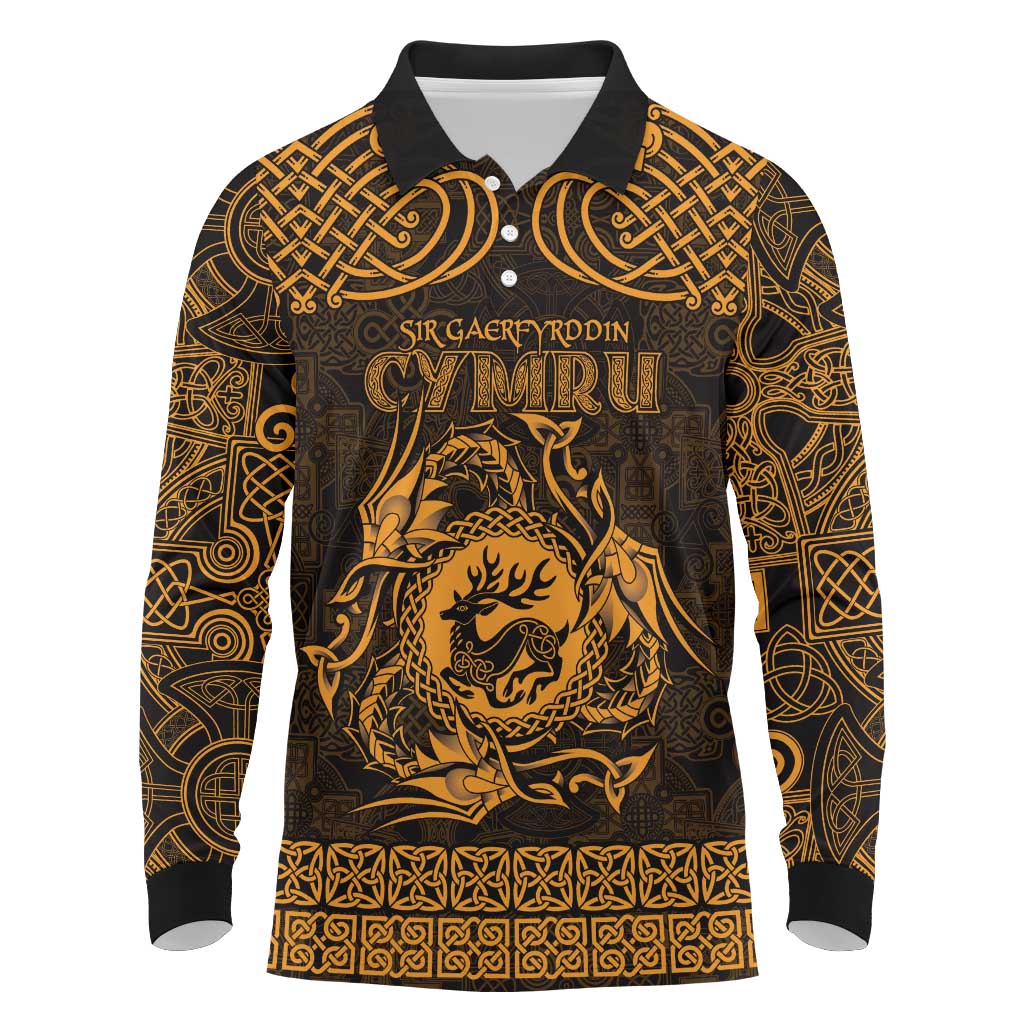 Personalized Carmarthenshire Sir Gaerfyrddin Long Sleeve Polo Shirt Gold Deer Stag Celtic-inspired - Wonder Print Shop