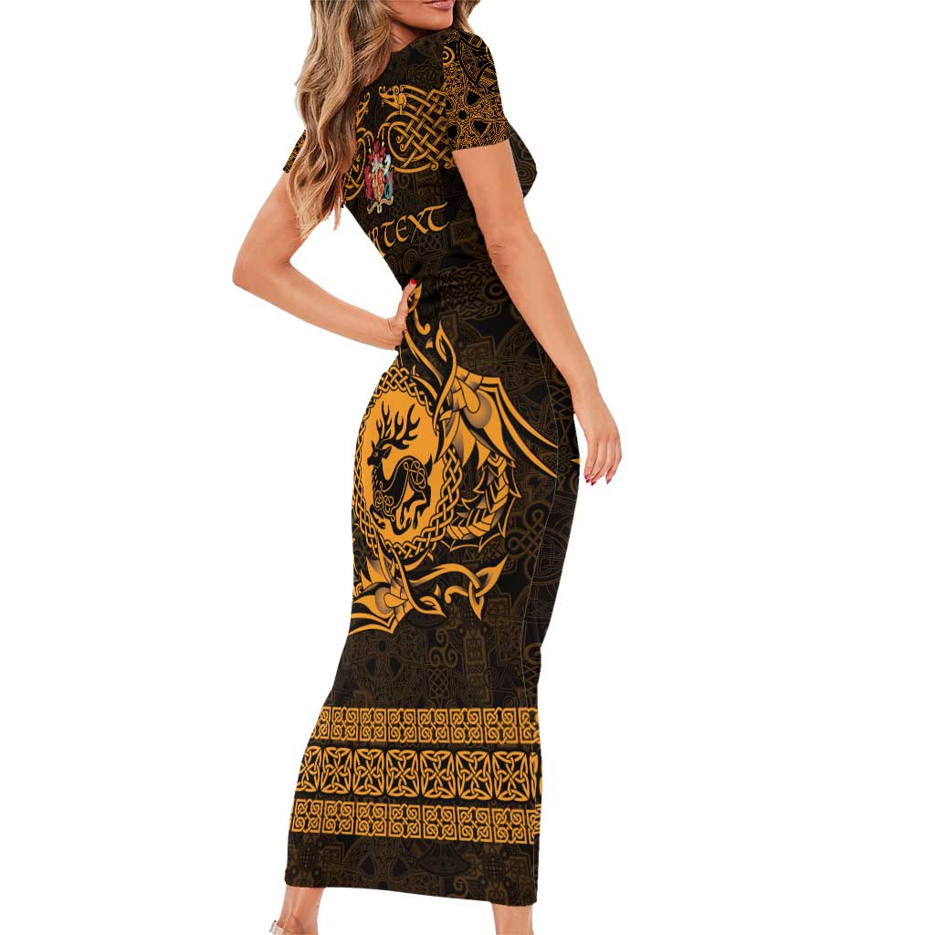 Personalized Carmarthenshire Sir Gaerfyrddin Short Sleeve Bodycon Dress Gold Deer Stag Celtic-inspired - Wonder Print Shop
