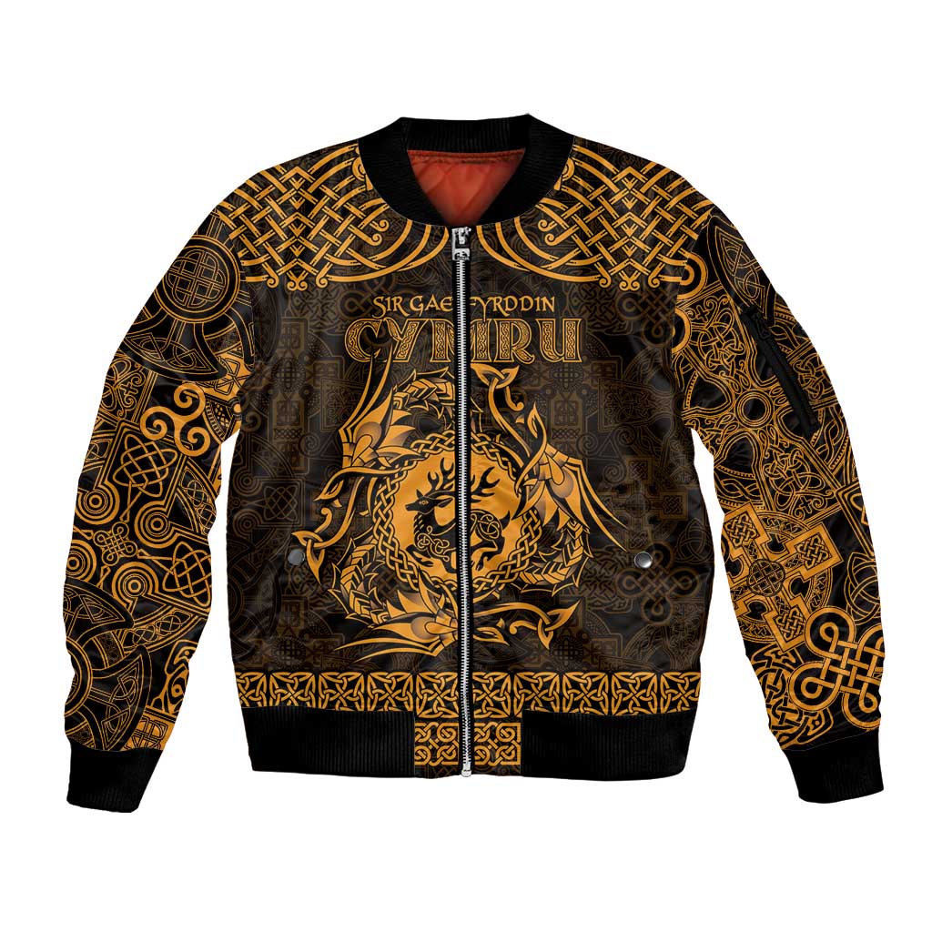Personalized Carmarthenshire Sir Gaerfyrddin Sleeve Zip Bomber Jacket Gold Deer Stag Celtic-inspired - Wonder Print Shop