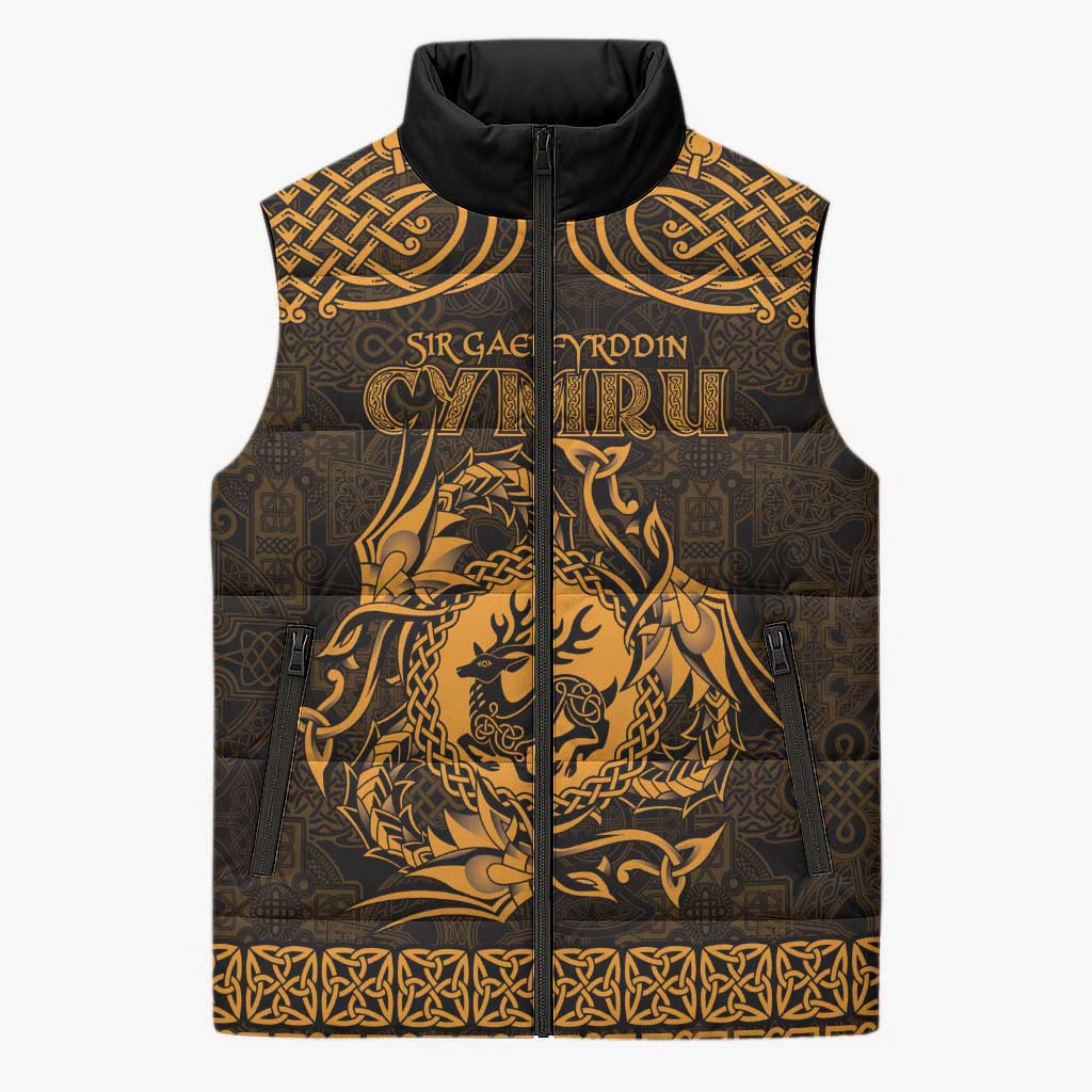 Personalized Carmarthenshire Sir Gaerfyrddin Sleeveless Puffer Jacket Gold Deer Stag Celtic-inspired - Wonder Print Shop