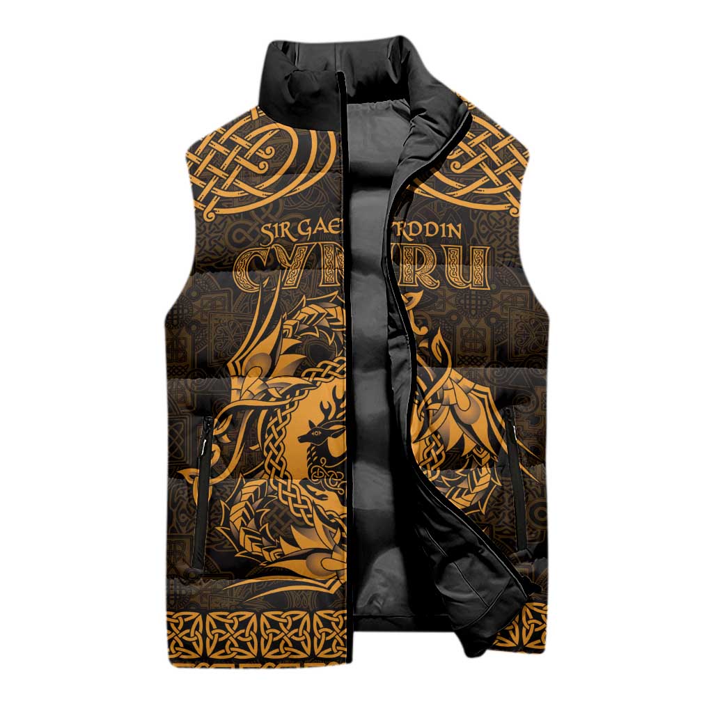 Personalized Carmarthenshire Sir Gaerfyrddin Sleeveless Puffer Jacket Gold Deer Stag Celtic-inspired - Wonder Print Shop