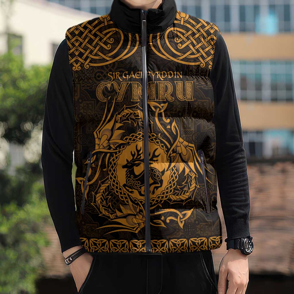 Personalized Carmarthenshire Sir Gaerfyrddin Sleeveless Puffer Jacket Gold Deer Stag Celtic-inspired - Wonder Print Shop