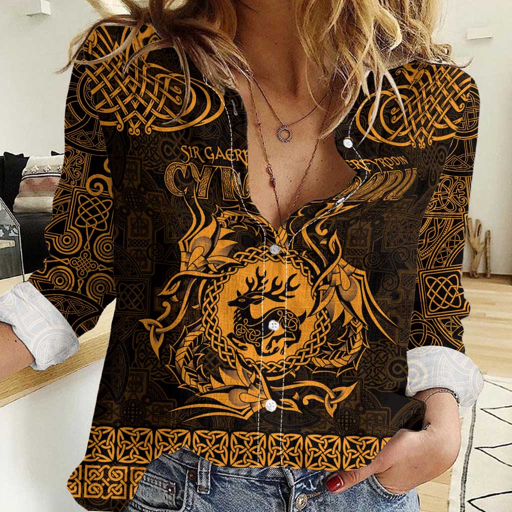Personalized Carmarthenshire Sir Gaerfyrddin Women Casual Shirt Gold Deer Stag Celtic-inspired - Wonder Print Shop