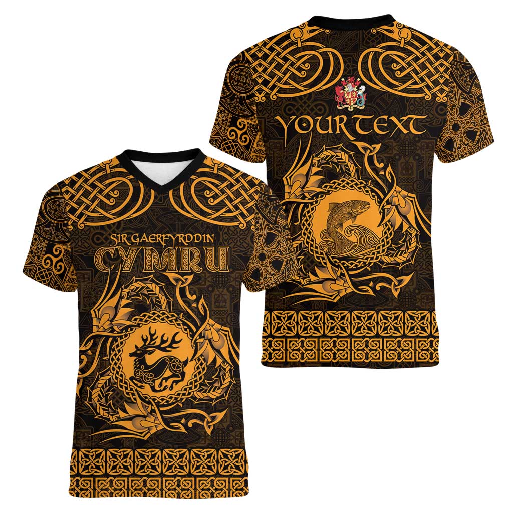 Personalized Carmarthenshire Sir Gaerfyrddin Women V-Neck T-Shirt Gold Deer Stag Celtic-inspired - Wonder Print Shop