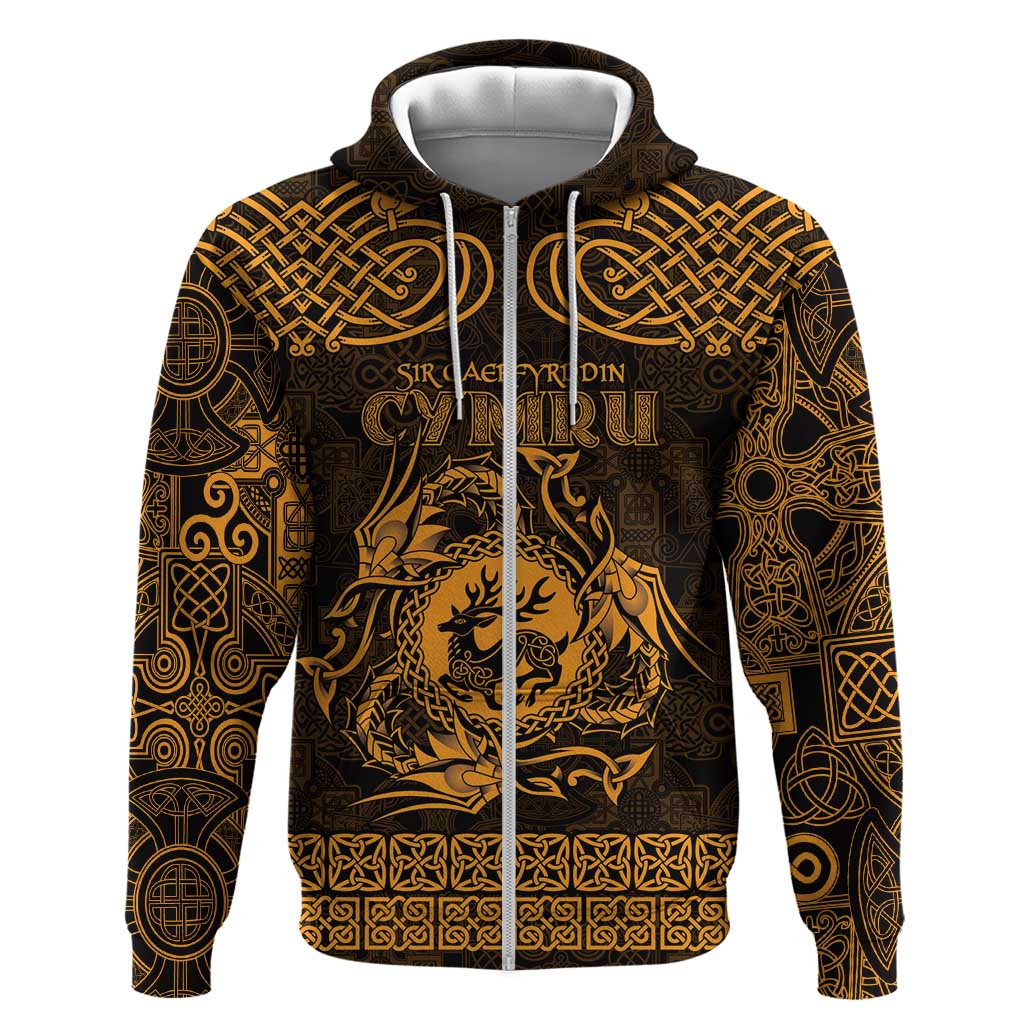Personalized Carmarthenshire Sir Gaerfyrddin Zip Hoodie Gold Deer Stag Celtic-inspired - Wonder Print Shop