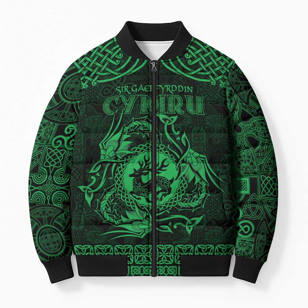 Personalized Carmarthenshire Sir Gaerfyrddin Bomber Puffer Jacket Green Deer Stag Celtic-inspired - Wonder Print Shop