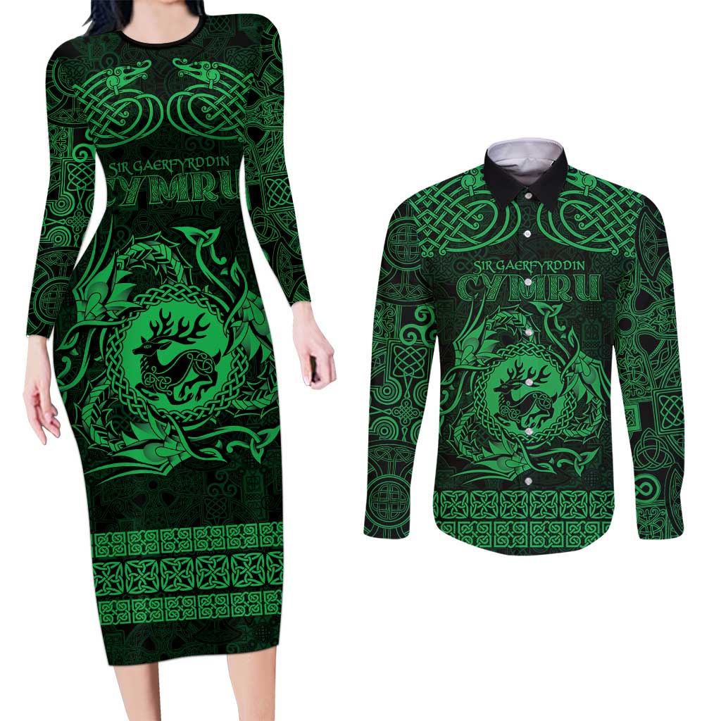 Personalized Carmarthenshire Sir Gaerfyrddin Couples Matching Long Sleeve Bodycon Dress and Long Sleeve Button Shirt Green Deer Stag Celtic-inspired - Wonder Print Shop