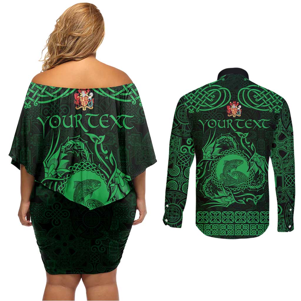 Personalized Carmarthenshire Sir Gaerfyrddin Couples Matching Off Shoulder Short Dress and Long Sleeve Button Shirt Green Deer Stag Celtic-inspired - Wonder Print Shop