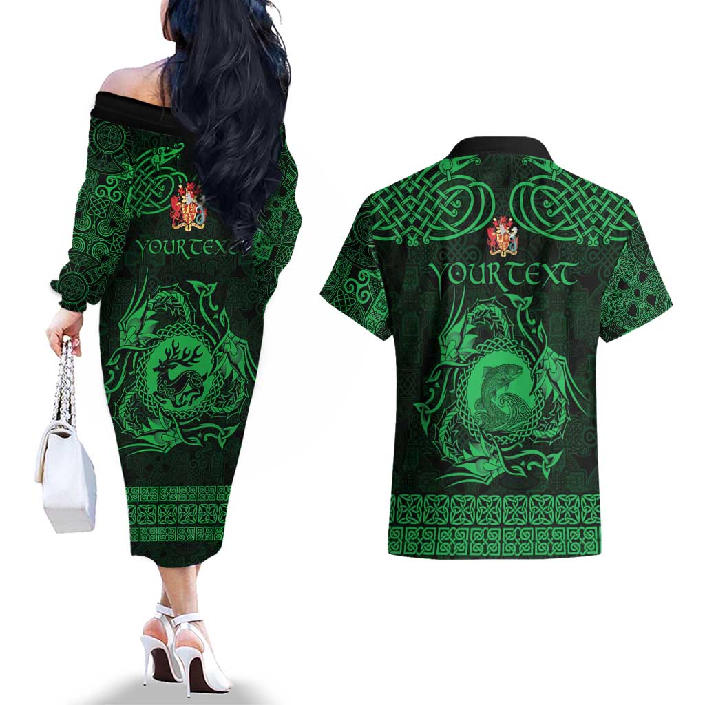 Personalized Carmarthenshire Sir Gaerfyrddin Couples Matching Off The Shoulder Long Sleeve Dress and Hawaiian Shirt Green Deer Stag Celtic-inspired - Wonder Print Shop