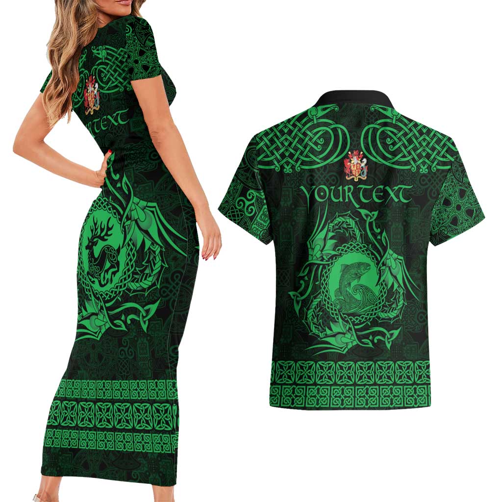 Personalized Carmarthenshire Sir Gaerfyrddin Couples Matching Short Sleeve Bodycon Dress and Hawaiian Shirt Green Deer Stag Celtic-inspired - Wonder Print Shop