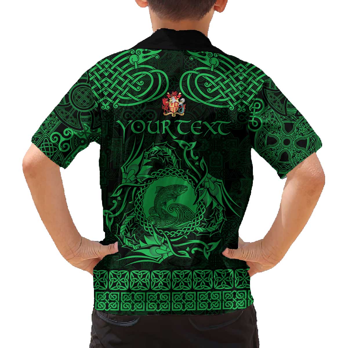 Personalized Carmarthenshire Sir Gaerfyrddin Family Matching Off The Shoulder Long Sleeve Dress and Hawaiian Shirt Green Deer Stag Celtic-inspired - Wonder Print Shop