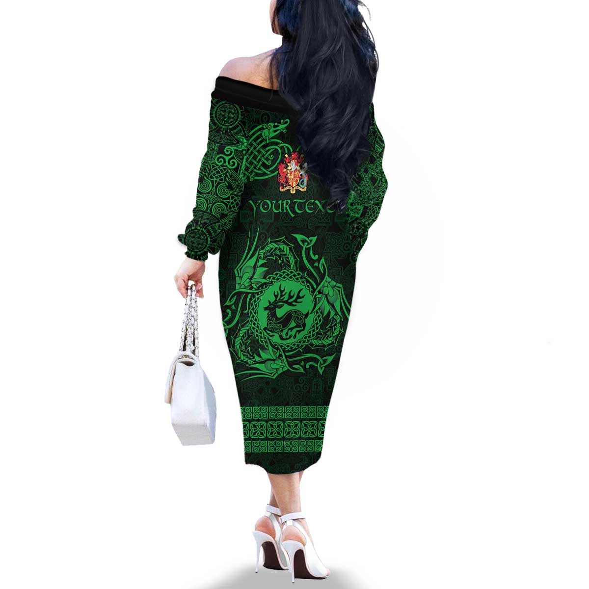 Personalized Carmarthenshire Sir Gaerfyrddin Family Matching Off The Shoulder Long Sleeve Dress and Hawaiian Shirt Green Deer Stag Celtic-inspired - Wonder Print Shop