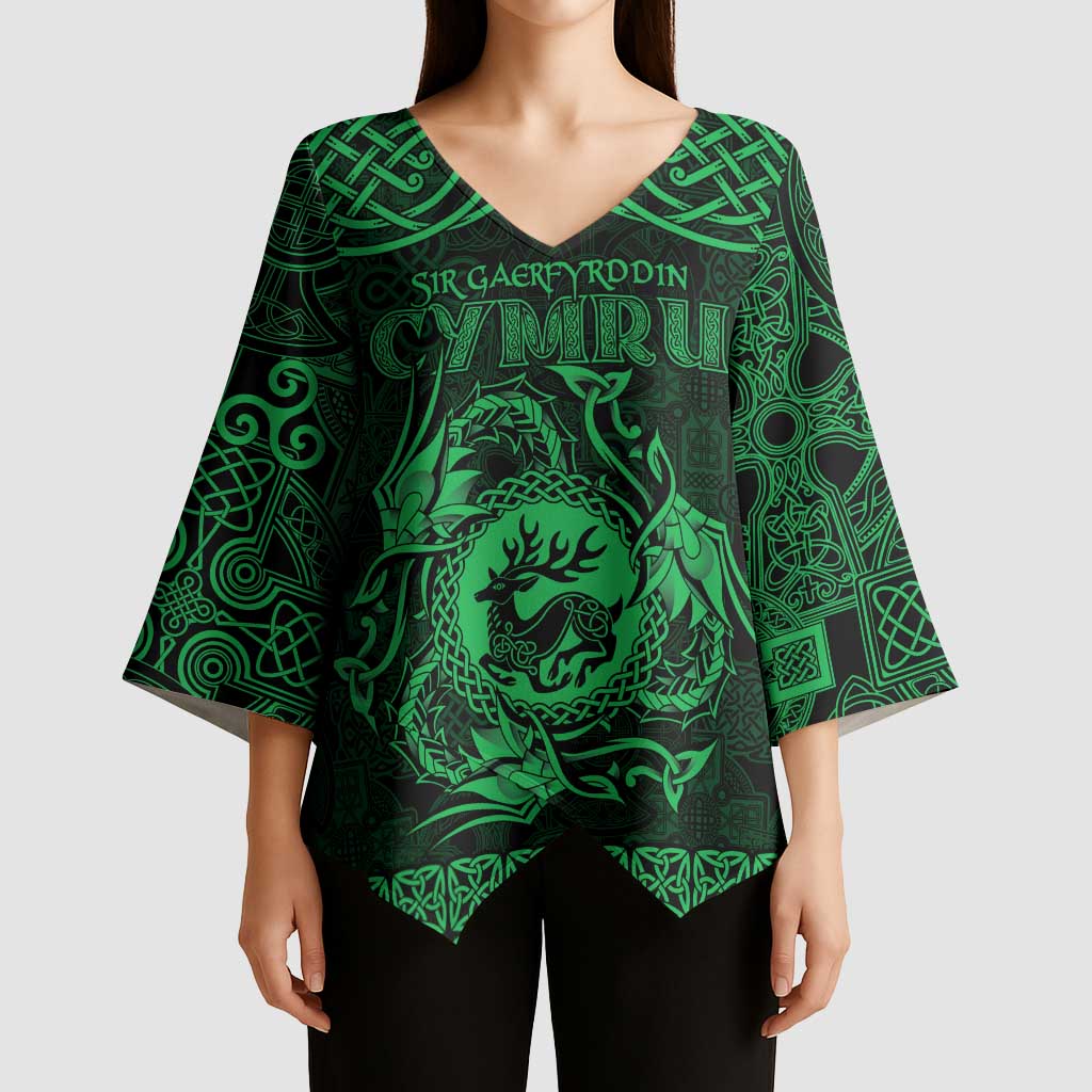 Personalized Carmarthenshire Sir Gaerfyrddin Kimono Sleeve Blouse Green Deer Stag Celtic-inspired - Wonder Print Shop