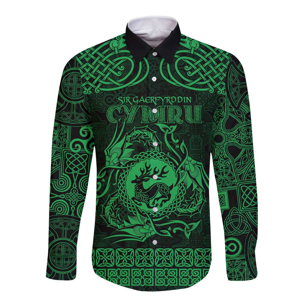 Personalized Carmarthenshire Sir Gaerfyrddin Long Sleeve Button Shirt Green Deer Stag Celtic-inspired - Wonder Print Shop