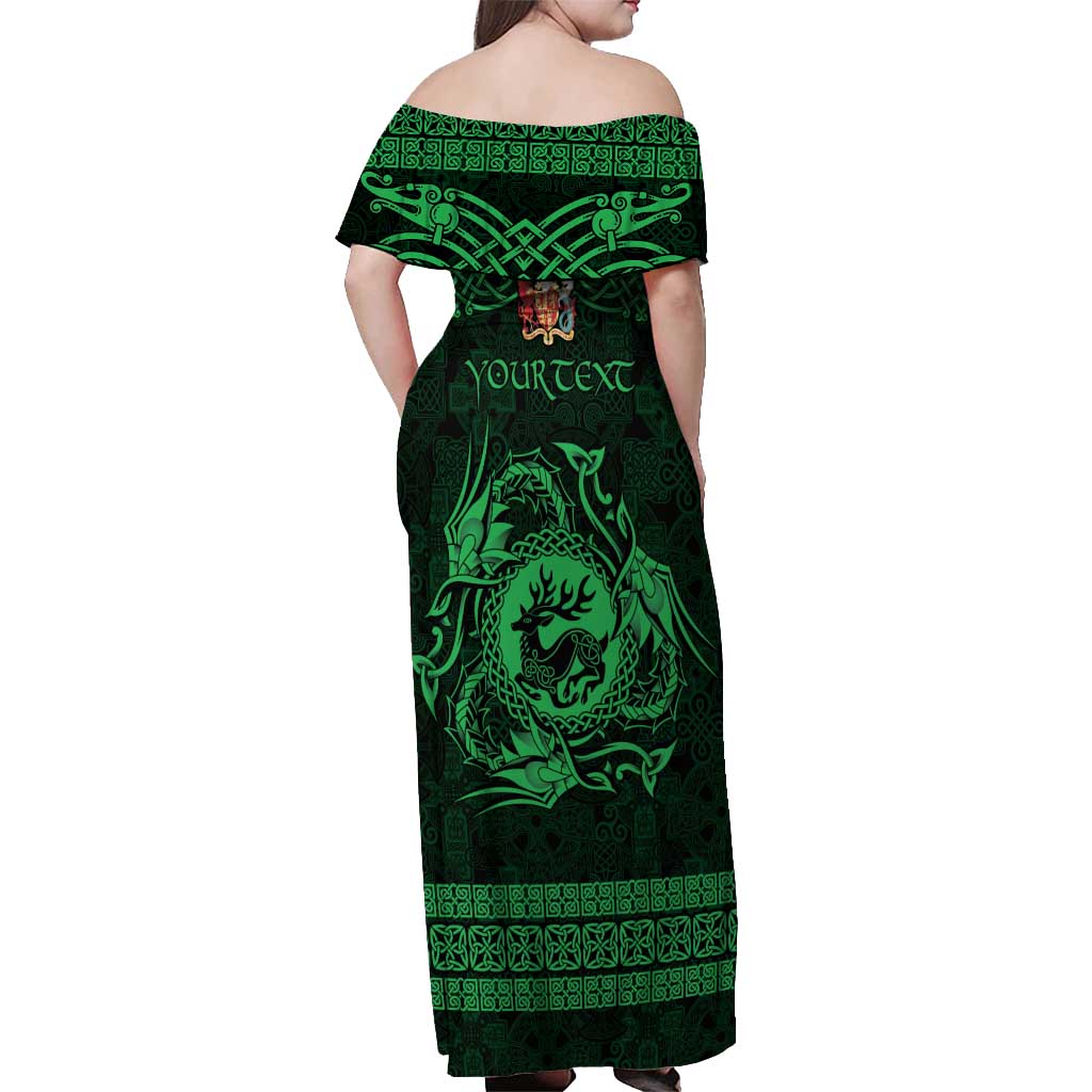 Personalized Carmarthenshire Sir Gaerfyrddin Off Shoulder Maxi Dress Green Deer Stag Celtic-inspired - Wonder Print Shop