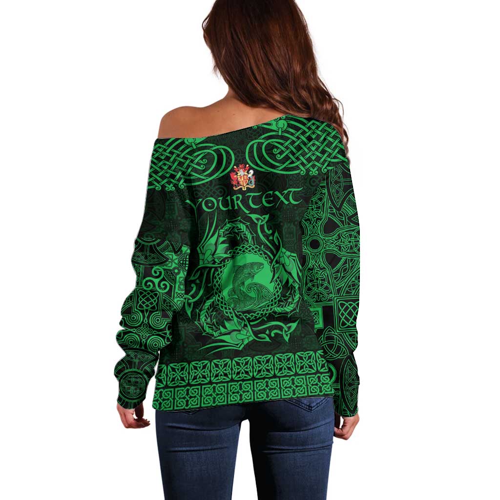 Personalized Carmarthenshire Sir Gaerfyrddin Off Shoulder Sweater Green Deer Stag Celtic-inspired - Wonder Print Shop
