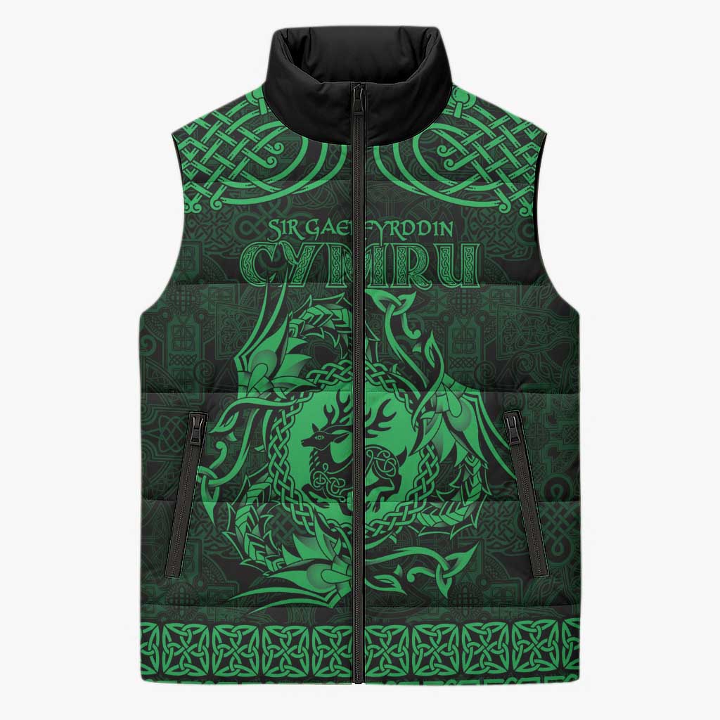 Personalized Carmarthenshire Sir Gaerfyrddin Sleeveless Puffer Jacket Green Deer Stag Celtic-inspired - Wonder Print Shop