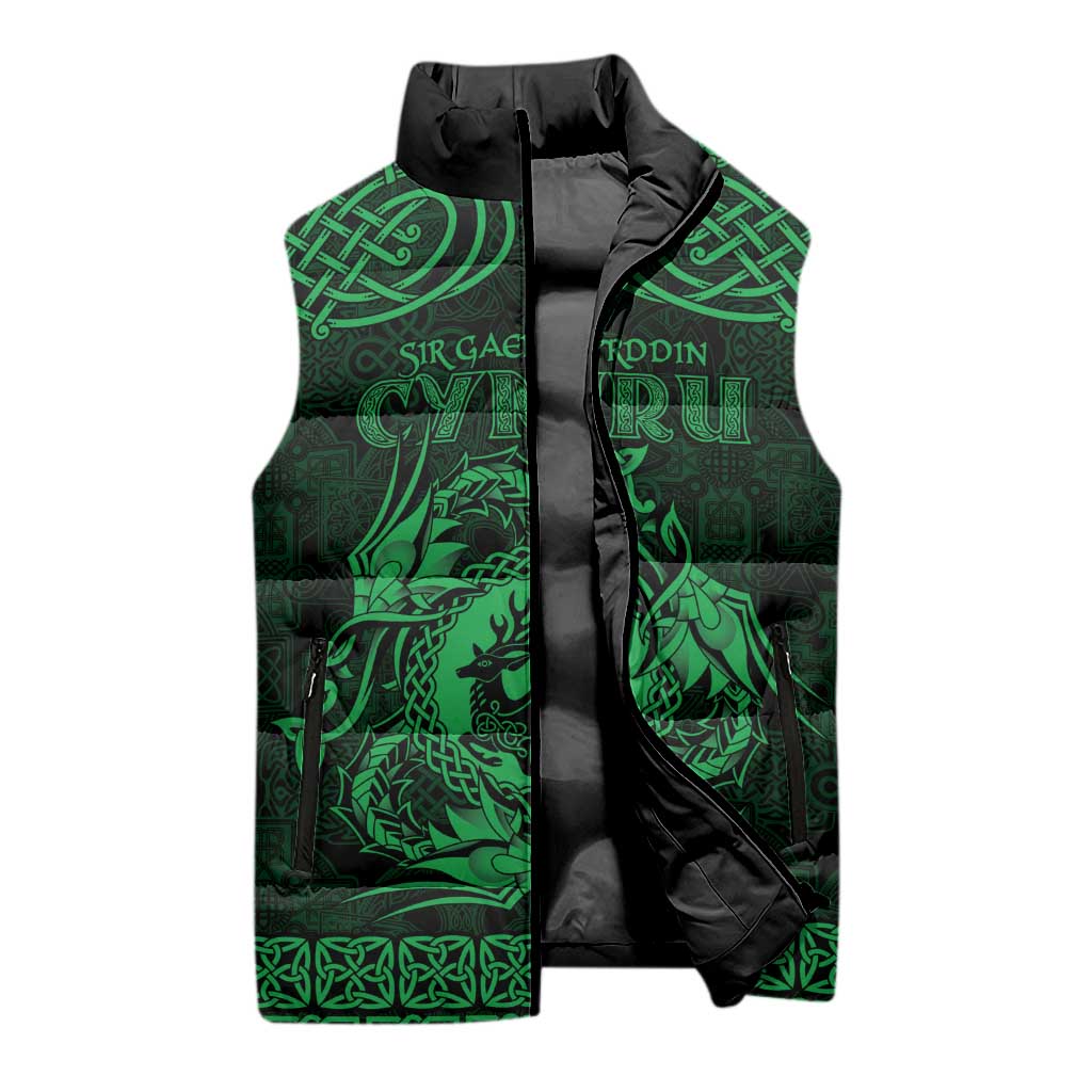 Personalized Carmarthenshire Sir Gaerfyrddin Sleeveless Puffer Jacket Green Deer Stag Celtic-inspired - Wonder Print Shop