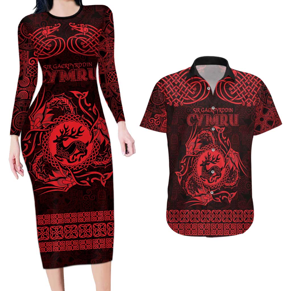 Personalized Carmarthenshire Sir Gaerfyrddin Couples Matching Long Sleeve Bodycon Dress and Hawaiian Shirt Red Deer Stag Celtic-inspired - Wonder Print Shop