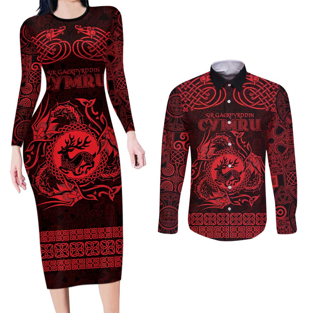 Personalized Carmarthenshire Sir Gaerfyrddin Couples Matching Long Sleeve Bodycon Dress and Long Sleeve Button Shirt Red Deer Stag Celtic-inspired - Wonder Print Shop