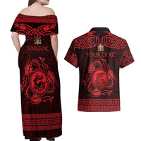 Personalized Carmarthenshire Sir Gaerfyrddin Couples Matching Off Shoulder Maxi Dress and Hawaiian Shirt Red Deer Stag Celtic-inspired - Wonder Print Shop