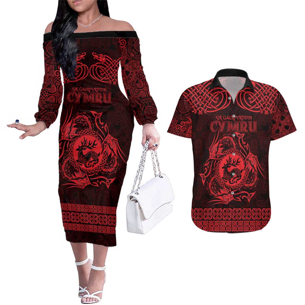 Personalized Carmarthenshire Sir Gaerfyrddin Couples Matching Off The Shoulder Long Sleeve Dress and Hawaiian Shirt Red Deer Stag Celtic-inspired - Wonder Print Shop