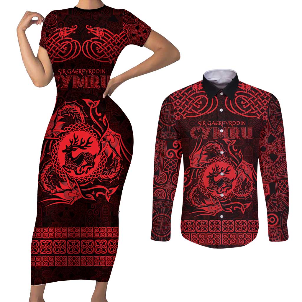 Personalized Carmarthenshire Sir Gaerfyrddin Couples Matching Short Sleeve Bodycon Dress and Long Sleeve Button Shirt Red Deer Stag Celtic-inspired - Wonder Print Shop