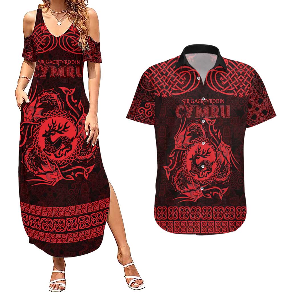 Personalized Carmarthenshire Sir Gaerfyrddin Couples Matching Summer Maxi Dress and Hawaiian Shirt Red Deer Stag Celtic-inspired - Wonder Print Shop