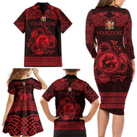 Personalized Carmarthenshire Sir Gaerfyrddin Family Matching Long Sleeve Bodycon Dress and Hawaiian Shirt Red Deer Stag Celtic-inspired - Wonder Print Shop